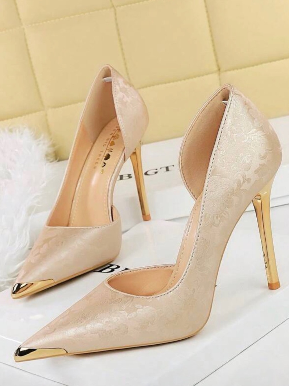 Elegant Nude-Blend Pointed Toe Stiletto Heels with Gold Trim